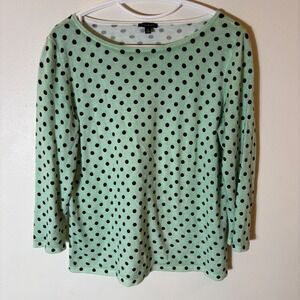 Talbots Mint Green Black Polka Dot 3/4 Sleeve Sweater Top Size Medium
